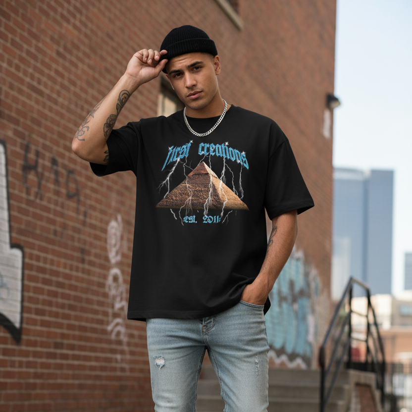 Person wearing a black graphic t-shirt, light blue jeans, and white sneakers in an urban setting.