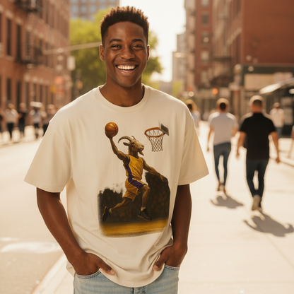 Beige t-shirt with a graphic of a basketball player and ram on a white background