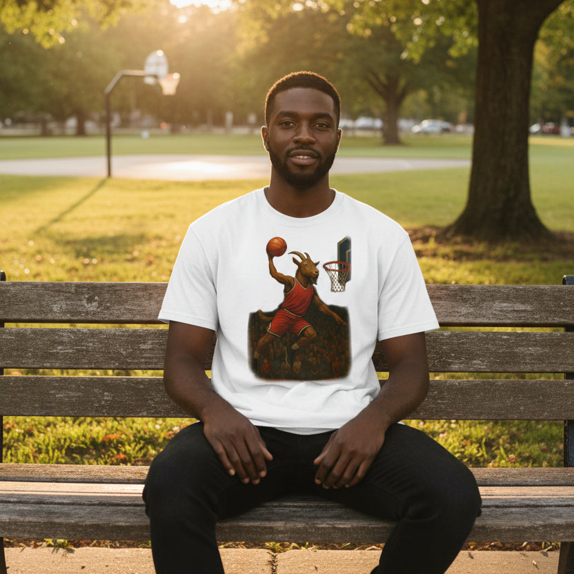 White t-shirt with a graphic of a basketball player dunking a hoop on a white background