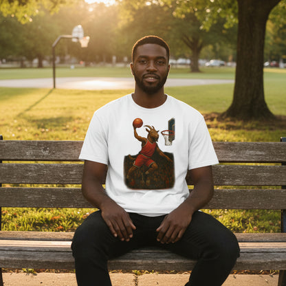 White t-shirt with a graphic of a basketball player dunking a hoop on a white background