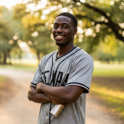 Man standing on a path in a park wearing a sports jersey with 'TEXAS' printed on it.